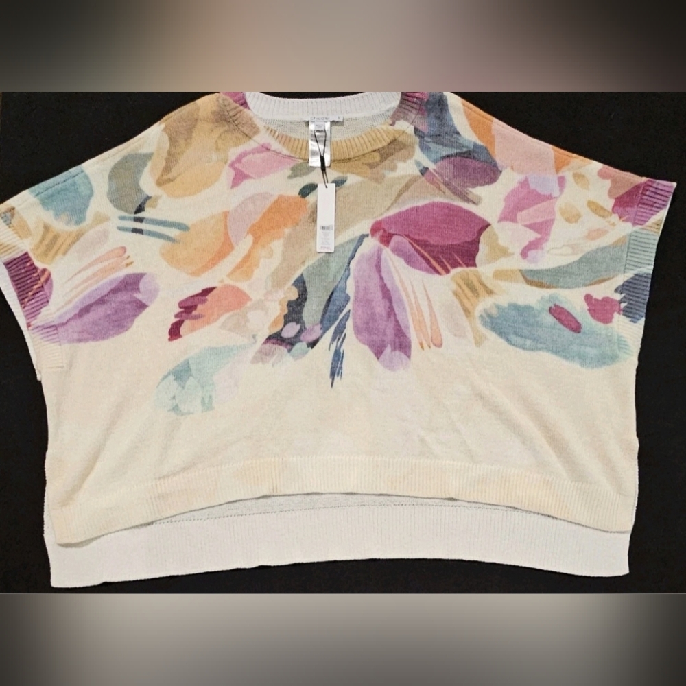 Chico’s Women’s Floral Poncho Top Lightweight V Neck Tropical Chic Size L/XL